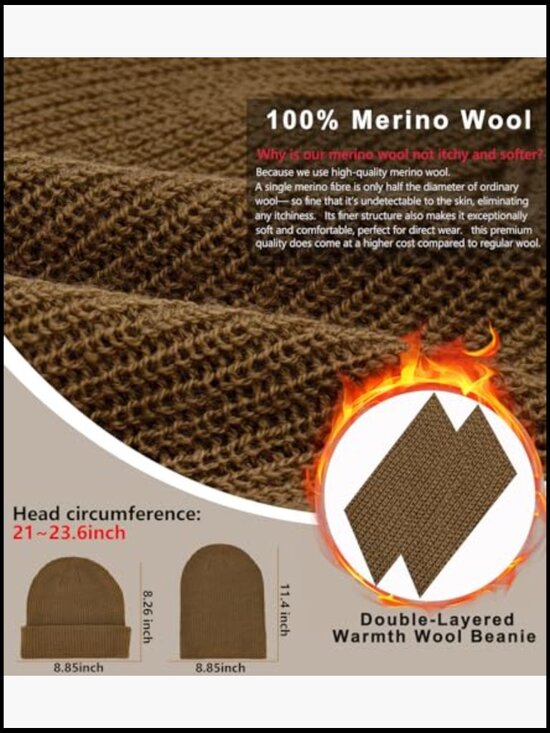100% Merino Wool Beanie Hat - Warm Winter Slouchy Skull Cap main image 7